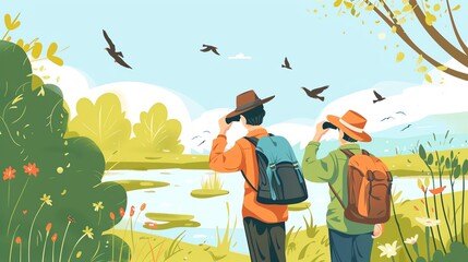 Fototapeta premium Create a illustration of a Birdwatcher with binoculars and field guidein a kawaii style, simplified to feature fewer elements for a cleaner look, Use a color palette that is appealing to childr