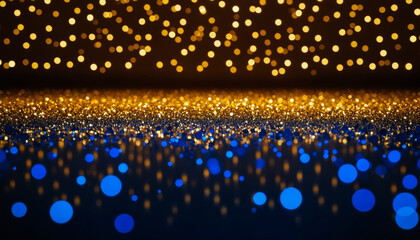 Beautiful festive abstract background, glowing golden bokeh lights and golden sparkles on a dark blue background, holidays and celebrations themes in events and design.