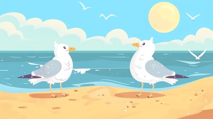 Fototapeta premium Create a illustration of a Seagulls on a sandy beachin a kawaii style, simplified to feature fewer elements for a cleaner look, Use a color palette that is appealing to children, with bright an