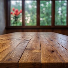 Abstract empty wooden desk table with copy space over interior modern room with blurred background