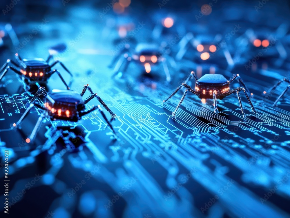 Poster A close-up view of miniature robots resembling spiders, navigating a complex circuit board in a futuristic, blue-lit environment.