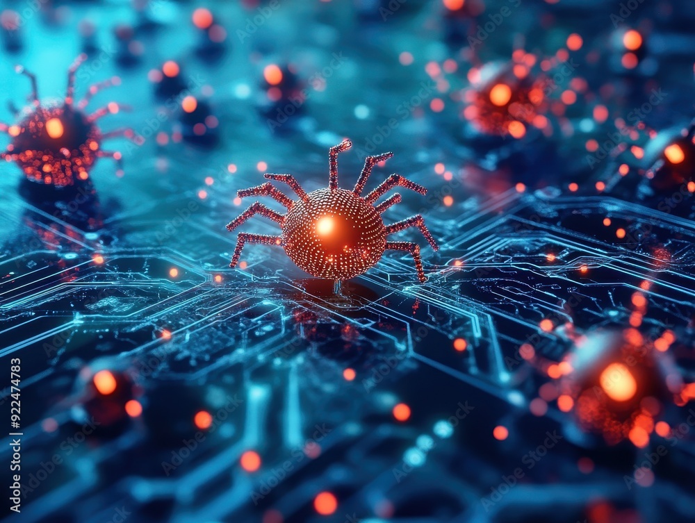 Poster ing of a virus on a circuit board, representing a concept of cyber attack, malware, and digital security threats.