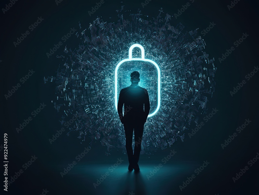 Poster Silhouette of a person standing in front of a glowing padlock symbol, representing cybersecurity and data protection.