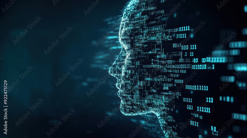 Fototapete Profile of artificial intelligence made from digital code, illustrating the convergence of human-like intelligence and cutting-edge technology.