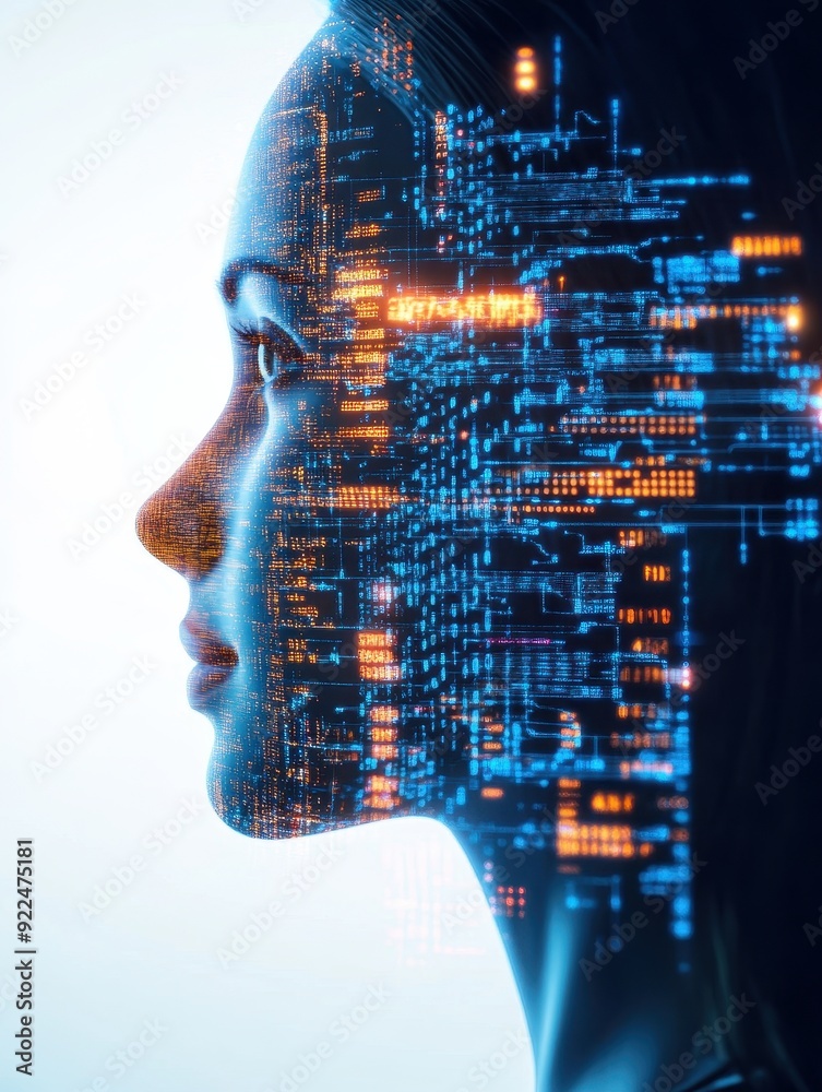 Leinwandbilder profile of a human face merged with digital circuitry, symbolizing artificial intelligence and advan