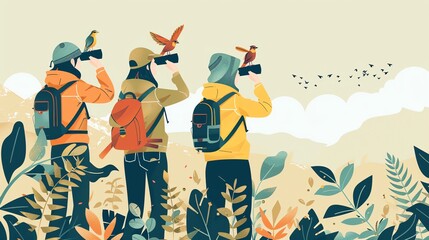 Fototapeta premium Create a illustration of a Birdwatcher with binoculars and field guidein a kawaii style, simplified to feature fewer elements for a cleaner look, Use a color palette that is appealing to childr
