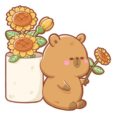 Capybara is sitting with vase of sunflowers