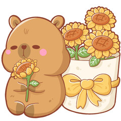 Capybara is holding sunflower and siting in front of vase of sunflowers