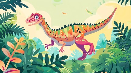 Create a illustration of a Allosaurus stalking preyin a kawaii style, simplified to feature fewer elements for a cleaner look, Use a color palette that is appealing to children, with bright and