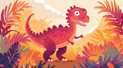 Create a illustration of a Allosaurus stalking preyin a kawaii style, simplified to feature fewer elements for a cleaner look, Use a color palette that is appealing to children, with bright and