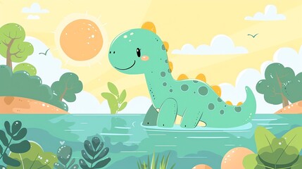 Obraz premium Create a illustration of a Brontosaurus wading in waterin a kawaii style, simplified to feature fewer elements for a cleaner look, Use a color palette that is appealing to children, with bright