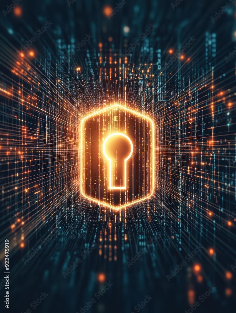 Poster Glowing digital security lock symbol amidst a dynamic network, representing cybersecurity, data protection, and online encryption.