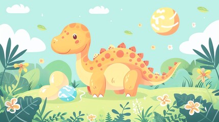 Fototapeta premium Create a illustration of a Maiasaura with its eggsin a kawaii style, simplified to feature fewer elements for a cleaner look, Use a color palette that is appealing to children, with bright and