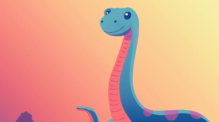 Create a illustration of a Apatosaurus with a long neckin a kawaii style, simplified to feature fewer elements for a cleaner look, Use a color palette that is appealing to children, with bright