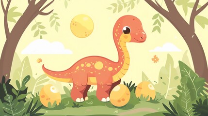 Create a illustration of a Maiasaura with its eggsin a kawaii style, simplified to feature fewer elements for a cleaner look, Use a color palette that is appealing to children, with bright and
