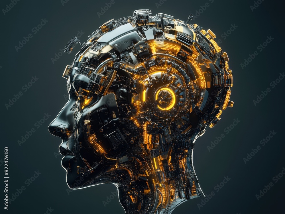 Poster Futuristic robotic head with intricate circuitry and glowing elements, representing advanced technology and artificial intelligence.