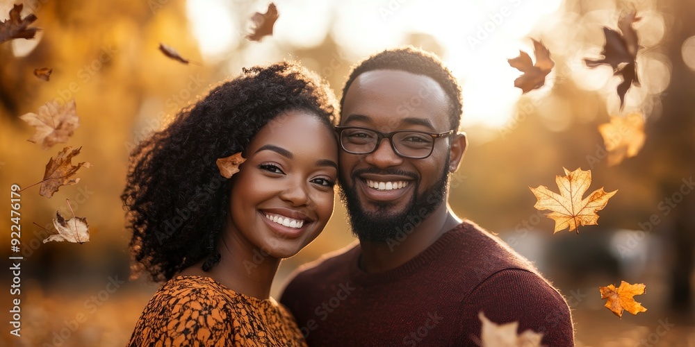 Wall mural Handsome lovely african woman and man couple in the fall season autumn landscape sunny day, maple leafs falling on them