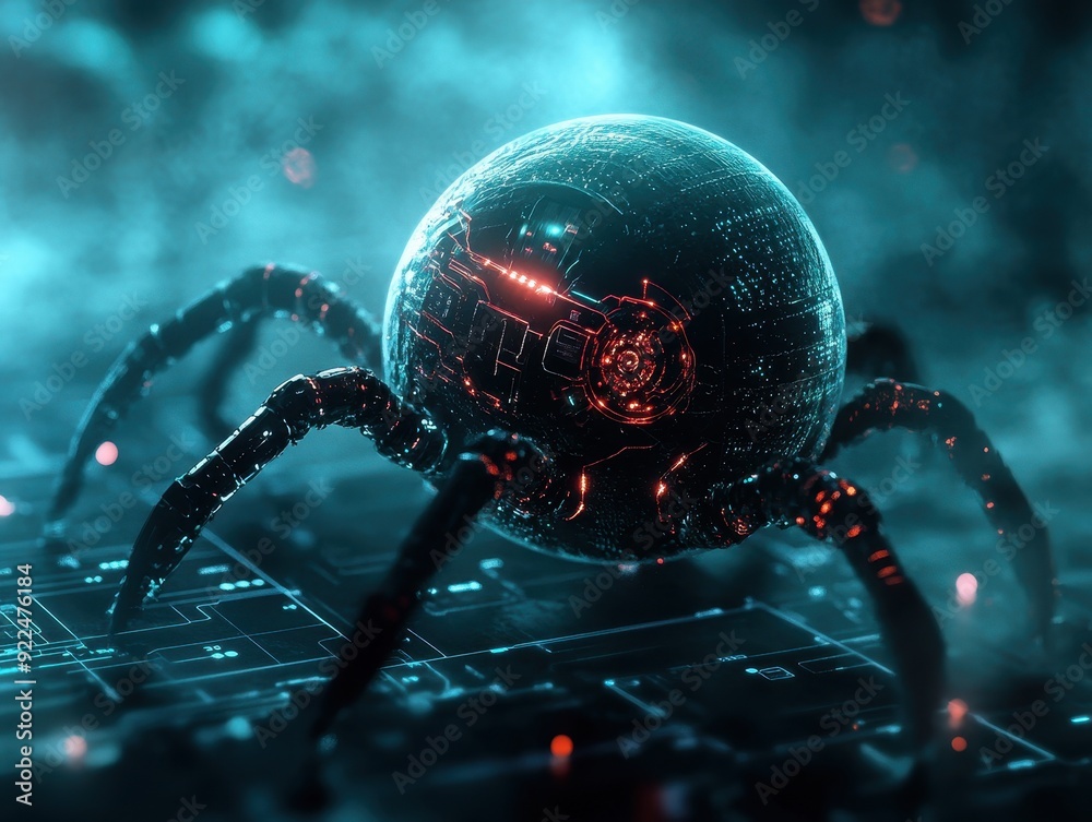 Poster futuristic robotic spider exploring digital circuits in a neon-lit atmosphere, representing advanced