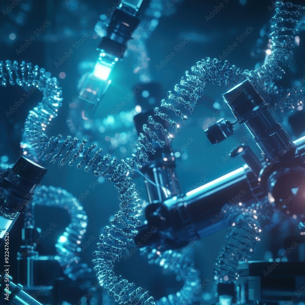 Poster futuristic robotic arms in a high-tech laboratory with blue neon lighting and intricate mechanical d