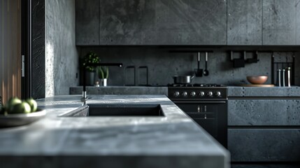 Sleek Gray Kitchen Interior with Modern Countertops