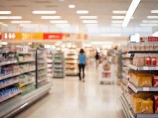 Fototapeta premium Busy grocery store aisle filled with products and shoppers during afternoon hours