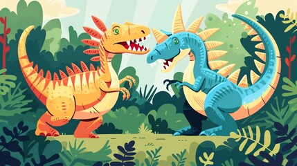 Create a illustration of a Spinosaurus by a riverbankin a kawaii style, simplified to feature fewer elements for a cleaner look, Use a color palette that is appealing to children, with bright a