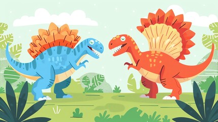 Create a illustration of a Spinosaurus by a riverbankin a kawaii style, simplified to feature fewer elements for a cleaner look, Use a color palette that is appealing to children, with bright a