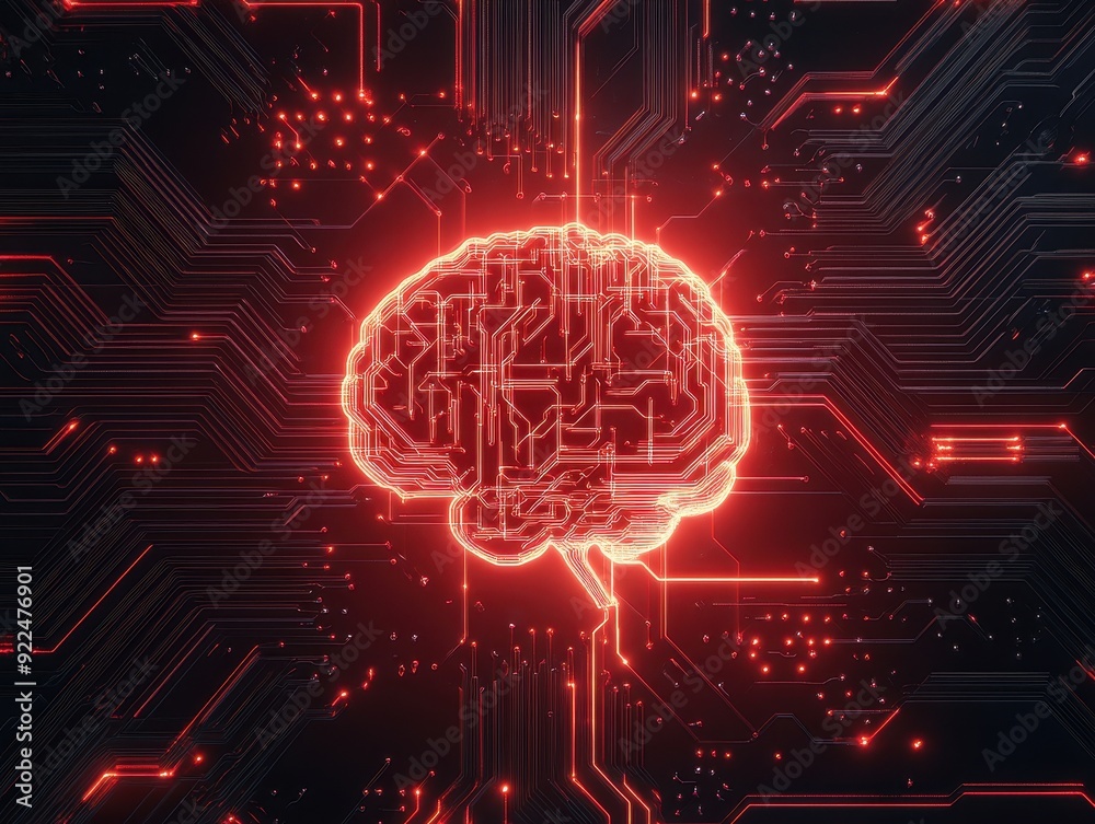 Poster futuristic glowing brain on a digital circuit board, representing ai, technology, and neural connect
