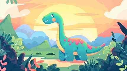 Create a illustration of a Brachiosaurus grazing on tall treesin a kawaii style, simplified to feature fewer elements for a cleaner look, Use a color palette that is appealing to children, with