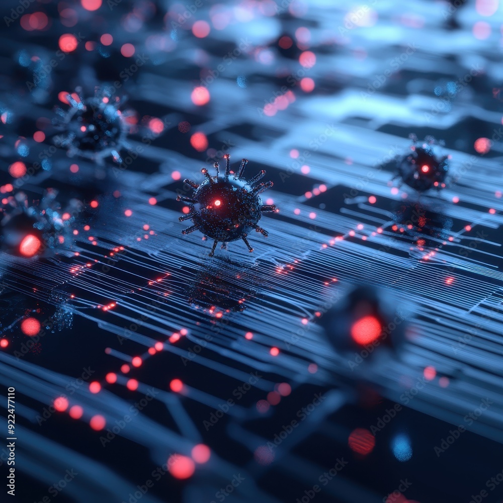 Aufkleber futuristic digital virus representation in a cyber environment with glowing red and blue light effec