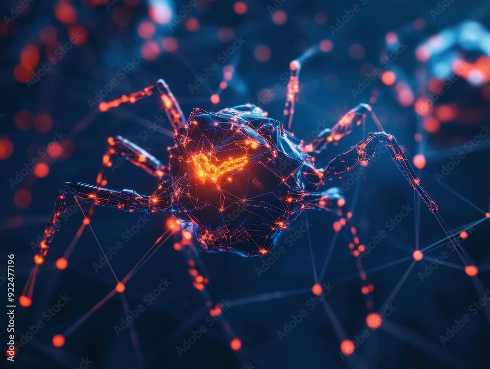 Poster futuristic digital spider composed of glowing neon lines and nodes, symbolizing advanced technology 