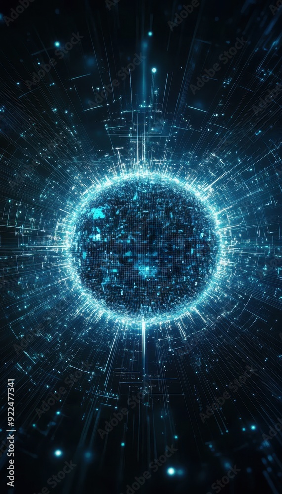 Aufkleber Futuristic digital sphere with glowing blue light and intricate patterns, surrounded by a network of digital connections, evoking technology.
