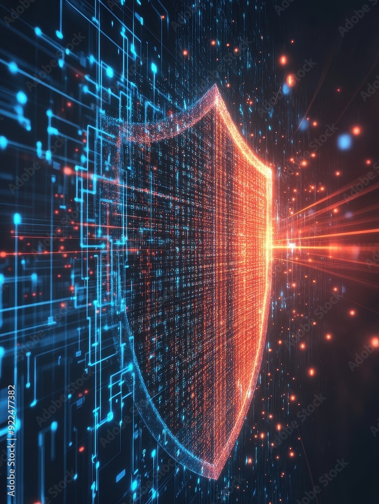 Fototapete futuristic digital shield representing cybersecurity and data protection with glowing lines and circ
