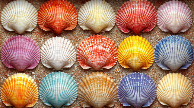 Colorful cauris shells arranged on a white background