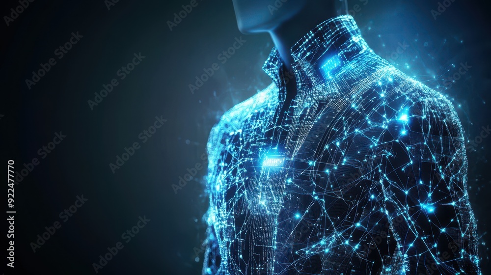 Fototapete futuristic digital human torso composed of interconnected glowing blue lines and nodes representing 