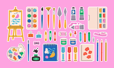 Painting tools stickers set. Art supplies: brushes, paint tubes, pencils, ink, sketchbook, easel, watercolor, markers, palette, crayons, palette knife sketchbook. Vector hand draw flat illustration.