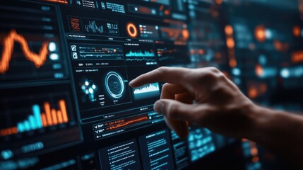 Obraz premium Data analytics automated with AI technology. Big data, business analytics and artificial intelligence automation. Dashboard report with sales and operations charts and KPI insights on touch screen.