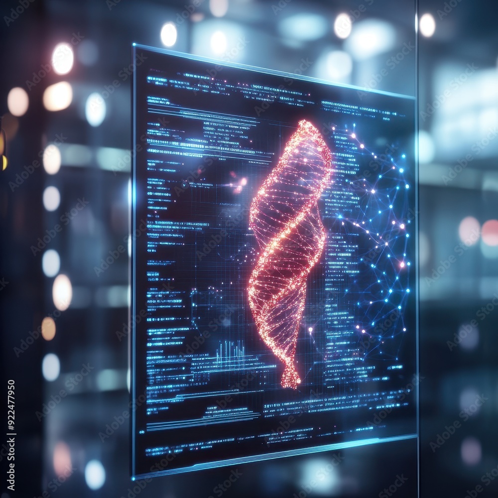 Poster Futuristic digital DNA helix on a screen with data and code, representing biotechnology and genetic engineering in a high-tech environment.
