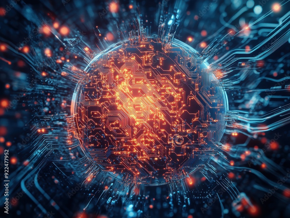 Aufkleber Futuristic digital globe with glowing circuitry and data flow, representing global connections and technology innovation.