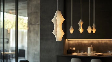 Modern Interior with Hanging Lamps and Blurred Dining Area