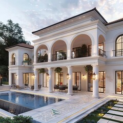 Fototapeta premium Elegant Two Story Villa with Swimming Pool