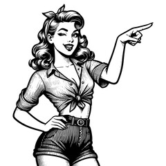 pin-up woman winking and playfully pointing, classic fashion with a headband sketch engraving generative ai fictional character PNG illustration. Scratch board imitation. Black and white image.