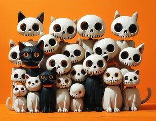 Fototapeta premium A gathering of black cats with glowing eyes, blending eerie charm and playful mischief, set against a vivid Halloween backdrop.