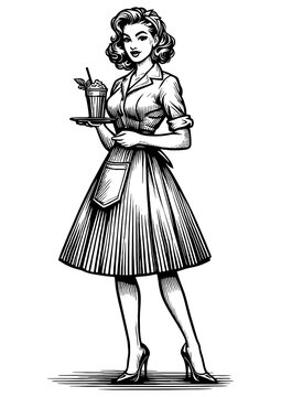 recommend clip art: waitress in a classic dress, holding a tray with a milkshake, sketch engraving generative ai fictional character PNG illustration. Scratch board imitation. Black and white image.