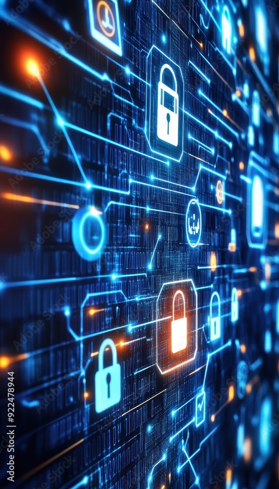 Poster digital security concept with glowing padlock icons on a blue futuristic circuit board background, r
