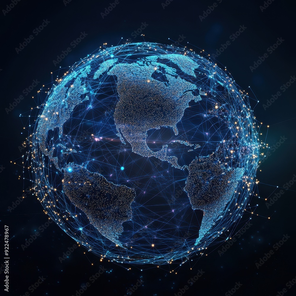 Poster Digital representation of the Earth with interconnected networks and glowing points, showcasing global communication and technology.