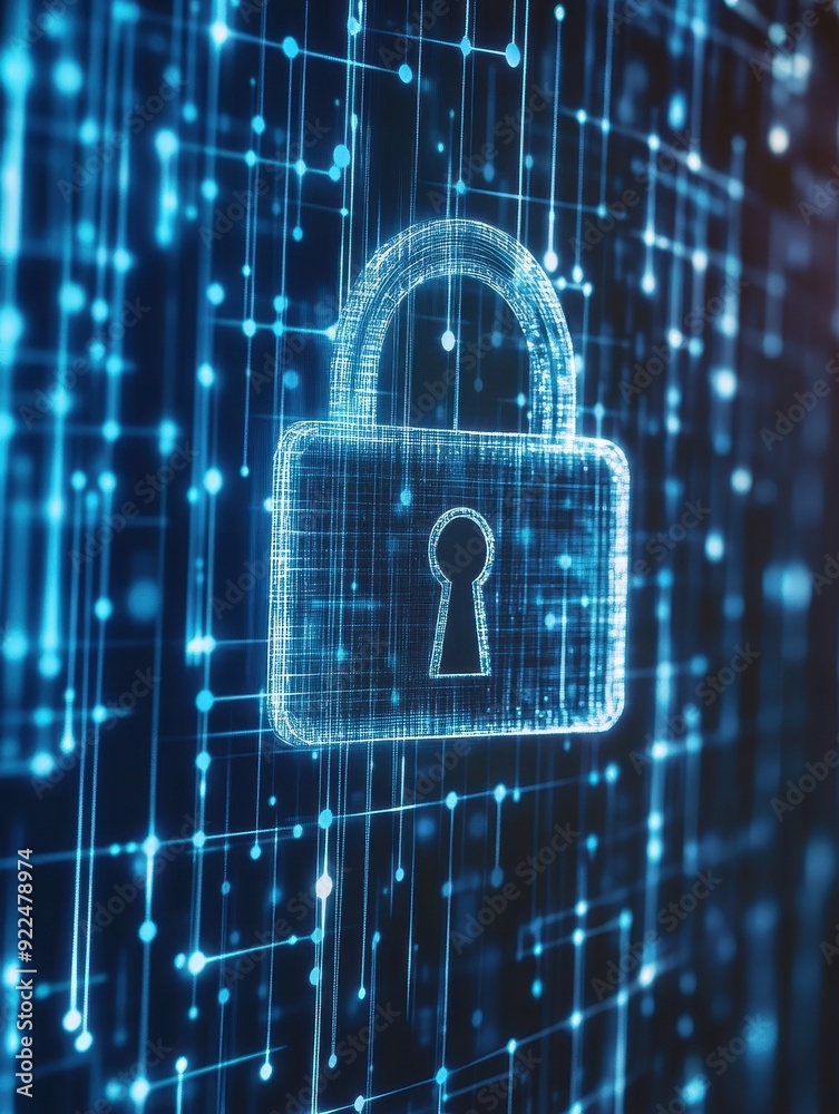 Poster digital security concept with a glowing padlock on a blue futuristic background, representing online