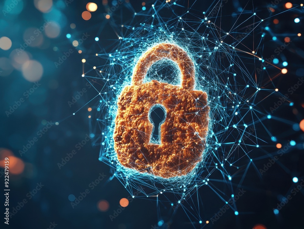 Leinwandbilder Digital padlock surrounded by interconnected nodes representing cybersecurity, data protection, and network security on a dark background.