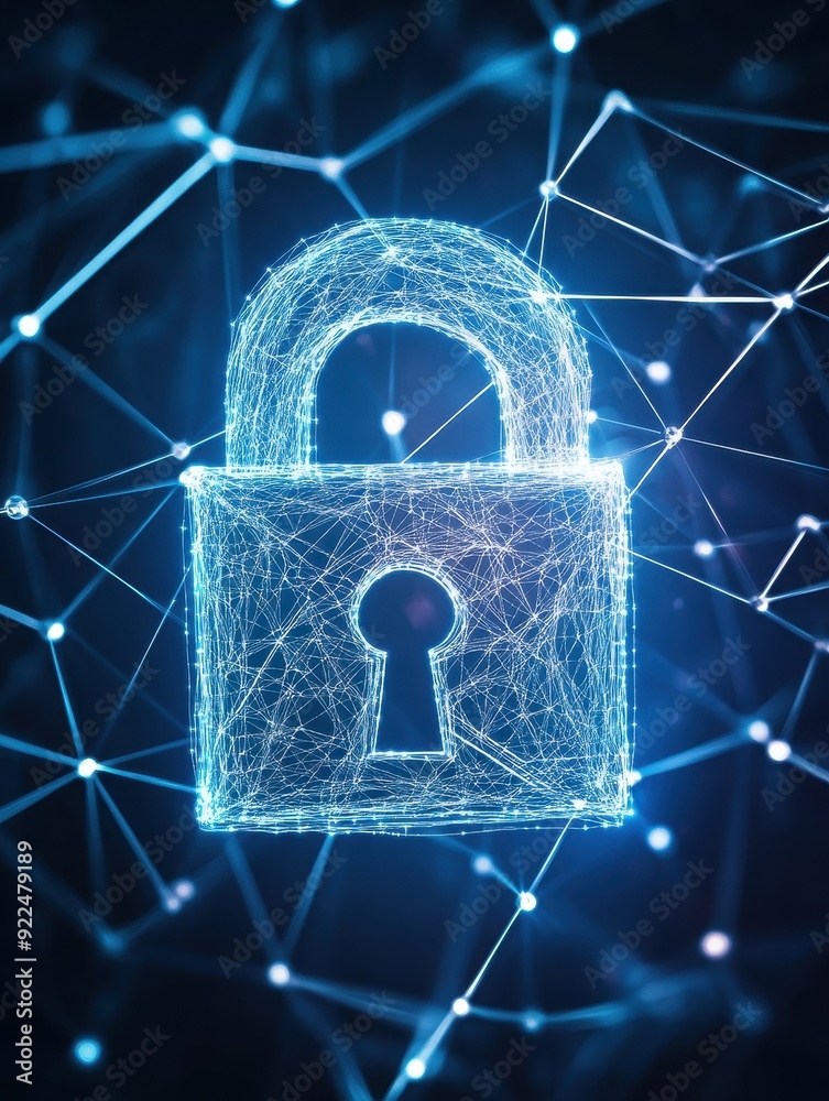 Leinwandbilder Digital padlock symbolizing cybersecurity with interconnected network lines on a dark background. Secure data protection concept.