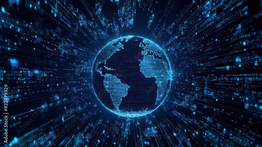 Poster Digital Earth globe surrounded by glowing data streams. Futuristic technology, global network connections, and virtual communication concepts.